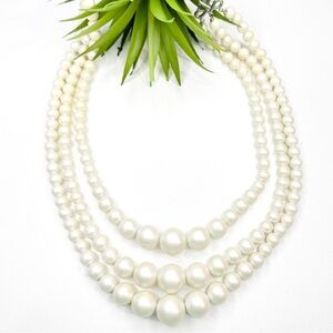 Vintage 60’s Satin White Faux Pearl Plastic Three Tier Beaded Necklace, 18"-21"